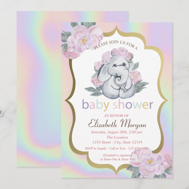 Invitación Elefante bebé, Floral, Baby Shower holográfico (Anverso / Reverso)