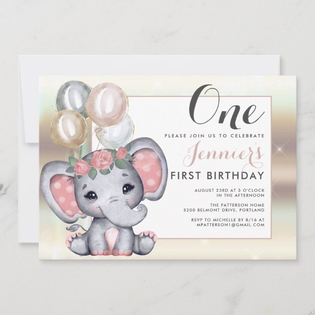 Invitación Elefante bebé floral lindo con globos (Anverso)