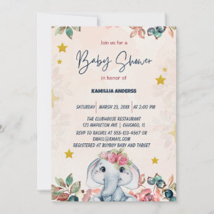 Invitación Elefante bebé floral rosa  
