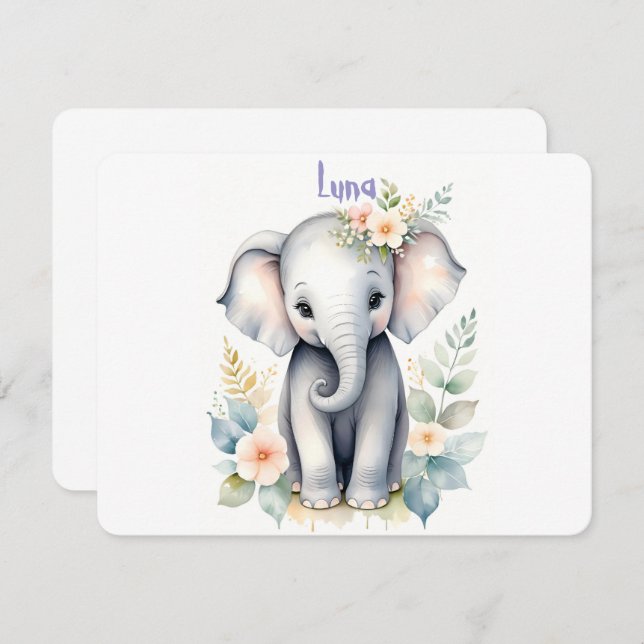 Invitación Elefante Bebé Florido (Anverso / Reverso)