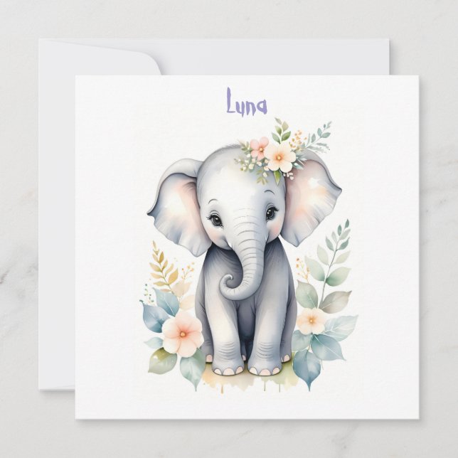 Invitación Elefante Bebé Florido (Anverso)