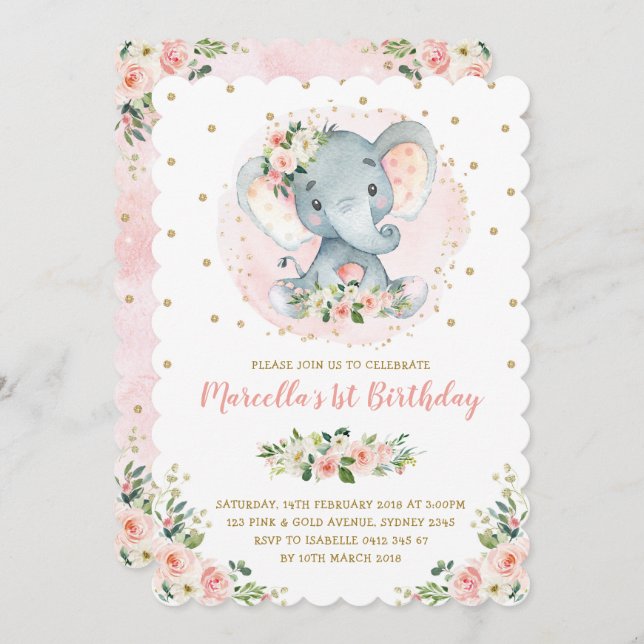 Invitación Elefante bebé Girly Peach Rubor Gold Primer cumple (Anverso / Reverso)