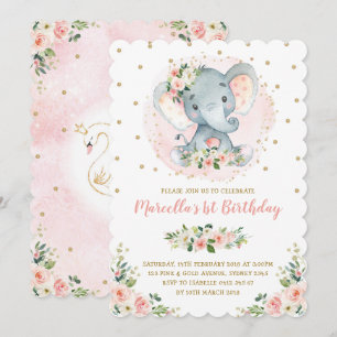 Invitación Elefante bebé Girly Peach Rubor Gold Primer cumple