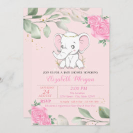 Invitación Elefante bebé, hojas, Baby Shower floral