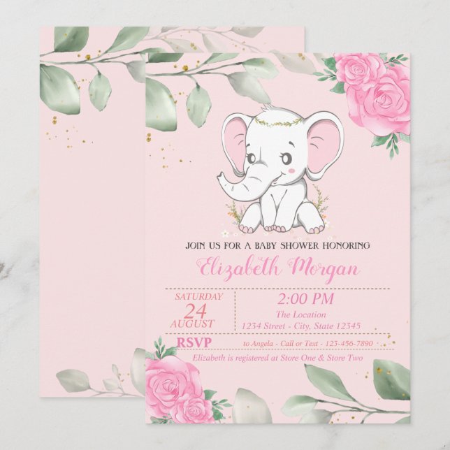 Invitación Elefante bebé, hojas, Baby Shower floral (Anverso / Reverso)
