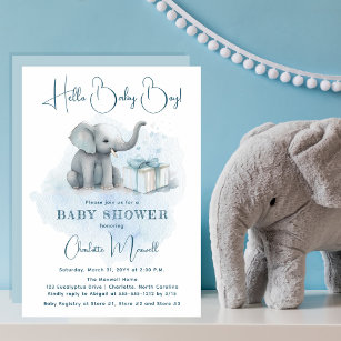 Invitación Elefante bebé Hola niño bebé Baby Shower azul