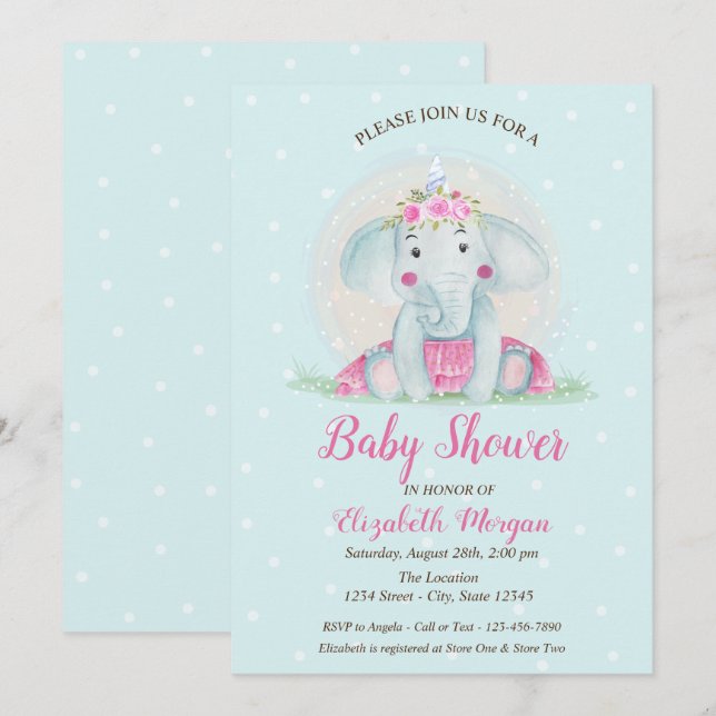 Invitación Elefante bebé lindo, Baby Shower de puntos azules (Anverso / Reverso)