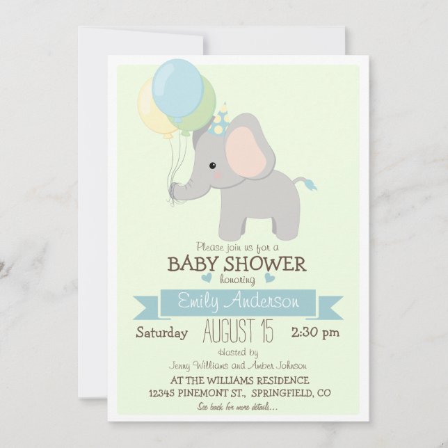 Invitación Elefante bebé lindo, Baby Shower del zoológico de  (Anverso)