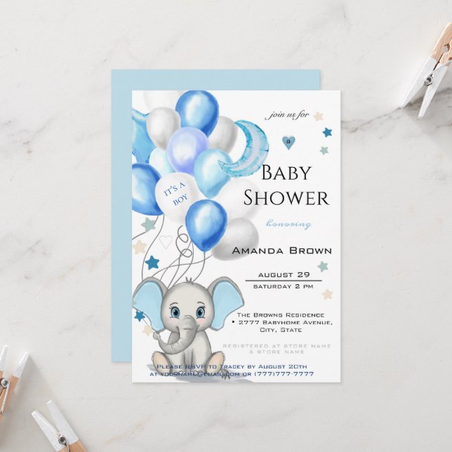 Invitación Elefante bebé lindo con el Baby Shower de Balloons (Anverso/Reverso In Situ)
