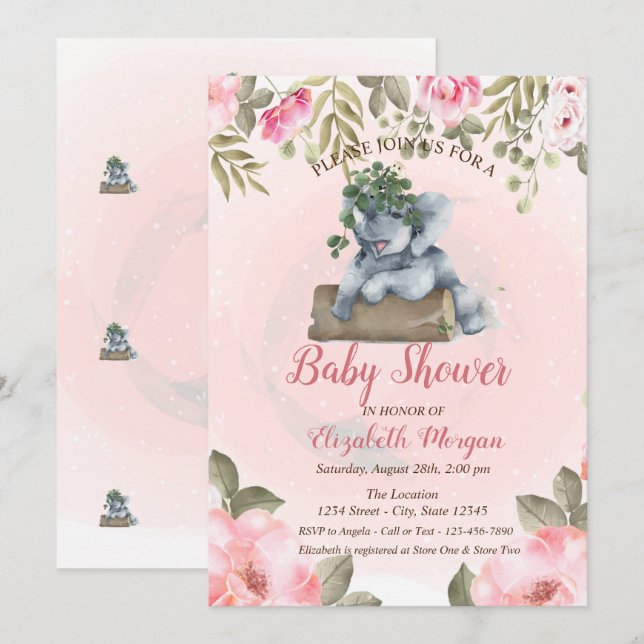 Invitación Elefante bebé lindo,ducha de bebé floral (Anverso / Reverso)
