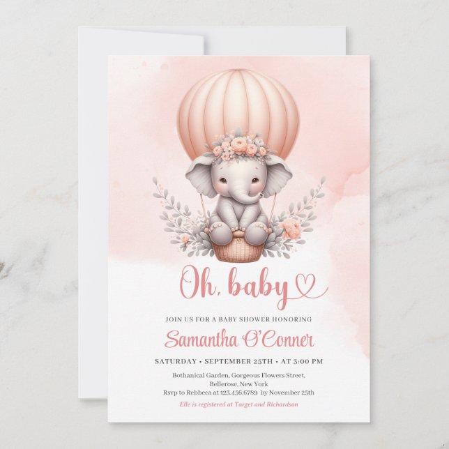 Invitación elefante bebé lindo en chica de globo aerostático  (Anverso)