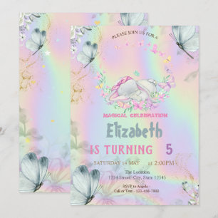 Invitación Elefante Bebé Mariposas Azules Holográficas