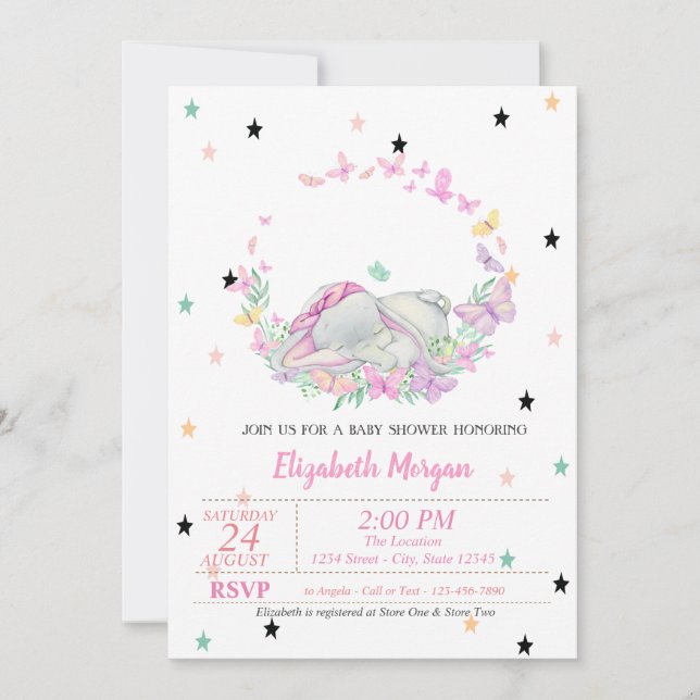 Invitación Elefante bebé, mariposas, Baby Shower de estrellas (Anverso)