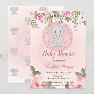 Invitación Elefante Bebé Niña Adorable, Baby Shower Floral