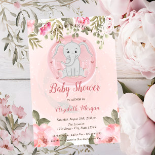 Invitación Elefante Bebé Niña Adorable, Baby Shower Floral