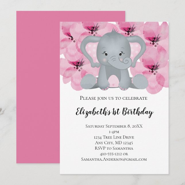 Invitación Elefante Bebé Niña Rosa Flores Floral Lindo (Anverso / Reverso)