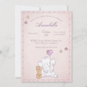 Invitación Elefante bebé niña rosa y acuarela de globo en 