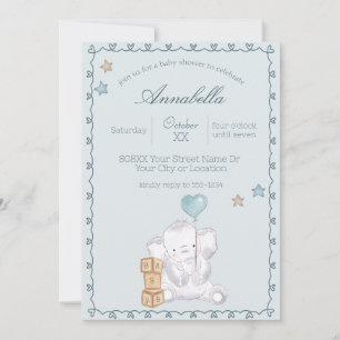Invitación Elefante bebé niño azul y globo de acuarela