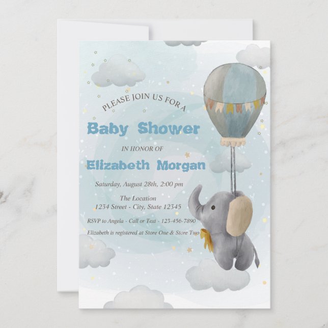 Invitación Elefante bebé, Nube, Estrellas Baby Shower (Anverso)