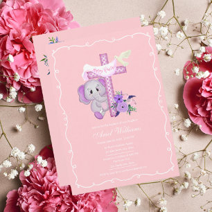 Invitación Elefante Bebé Rosa Con Paloma Y Bautizo De Cruz