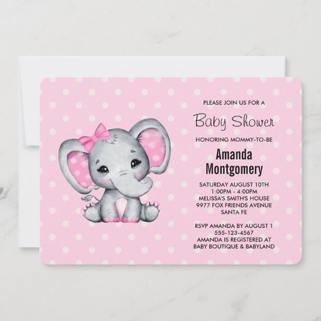 Invitación Elefante bebé rosa con puntos de polka Baby Shower (Anverso)