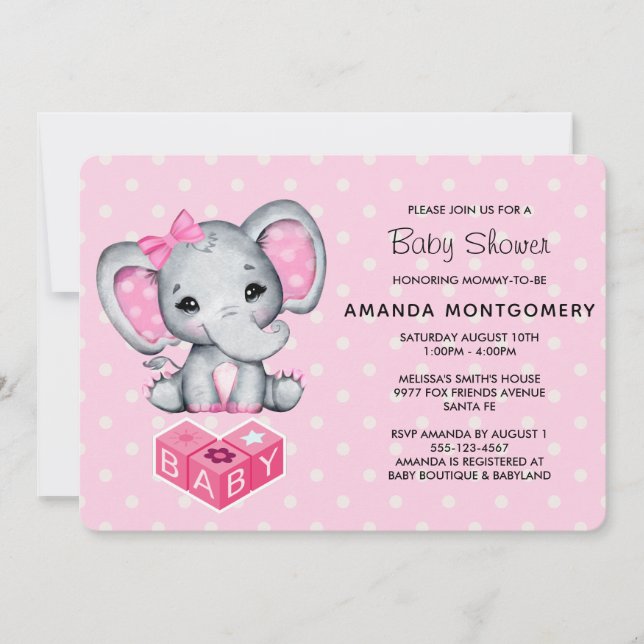 Invitación Elefante bebé rosa con puntos de polka Baby Shower (Anverso)