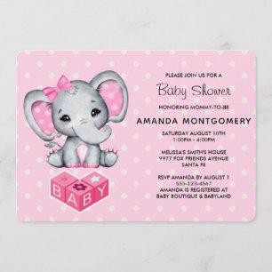Invitación Elefante bebé rosa con puntos de polka Baby Shower