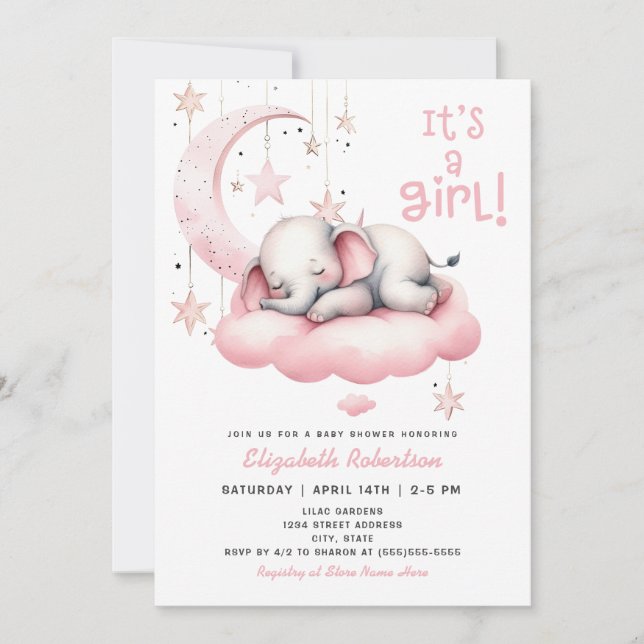 Invitación Elefante bebé rosa Estrellas de luna Baby Shower C (Anverso)