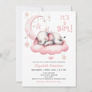 Invitación Elefante bebé rosa Estrellas de luna Baby Shower C