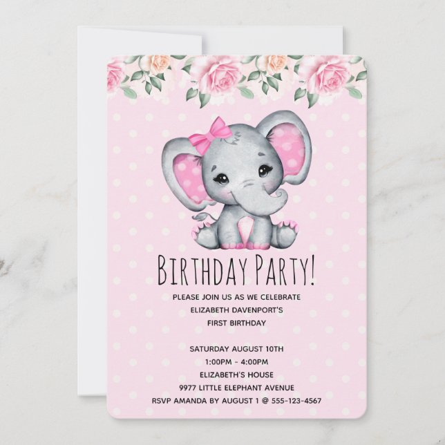 Invitación Elefante bebé rosa y Baby Shower fronterizo con Ro (Anverso)