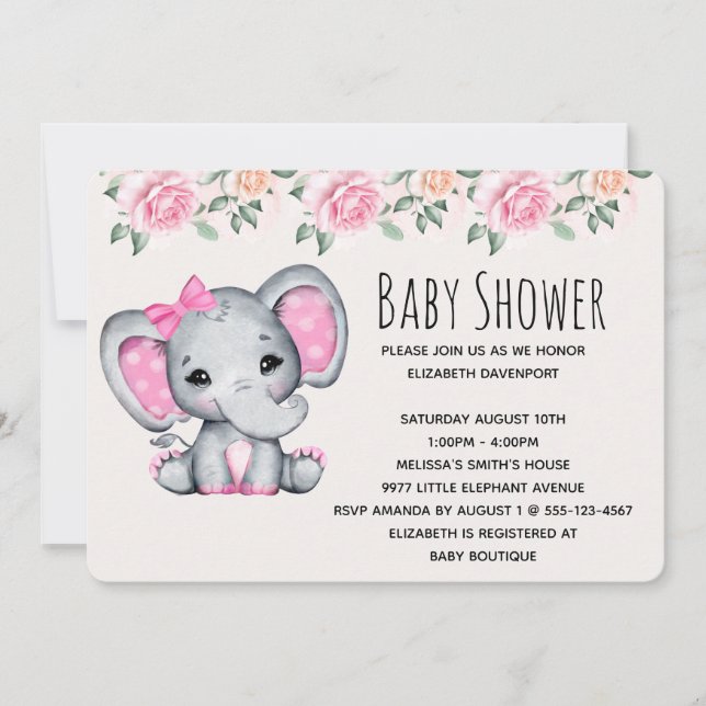 Invitación Elefante bebé rosa y Baby Shower fronterizo con Ro (Anverso)