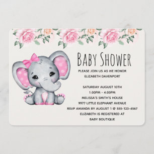 Invitación Elefante bebé rosa y Baby Shower fronterizo con Ro
