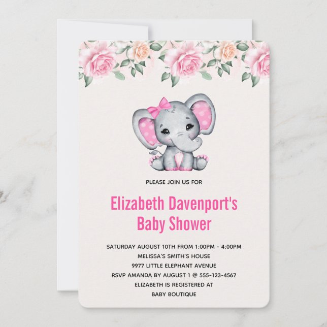 Invitación Elefante bebé rosa y Baby Shower fronterizo con Ro (Anverso)