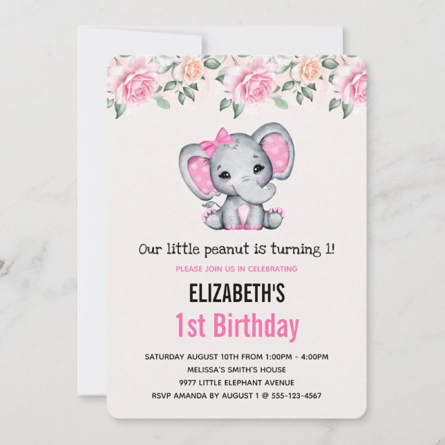 Invitación Elefante bebé rosa y Rosas Cumpleaños Fronteriza (Anverso)
