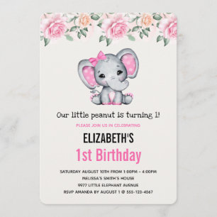 Invitación Elefante bebé rosa y Rosas Cumpleaños Fronteriza