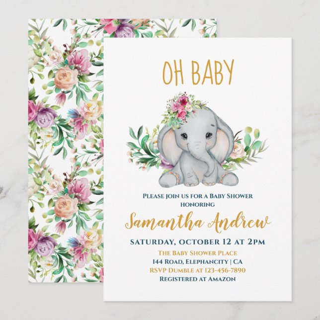 Invitación Elefante bebé y Baby Shower de flores (Anverso / Reverso)