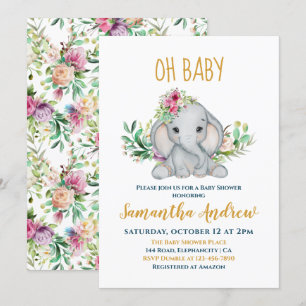Invitación Elefante bebé y Baby Shower de flores