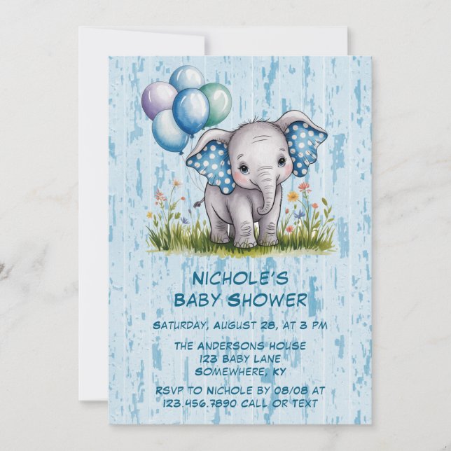 Invitación Elefante bebé y Baby Shower de Wildflower Boy (Anverso)