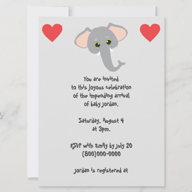 Invitación Elefante bebé y Baby Shower gris del corazón (Anverso)