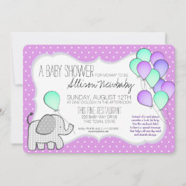 Invitación Elefante bebé y Baby Shower magenta de globos