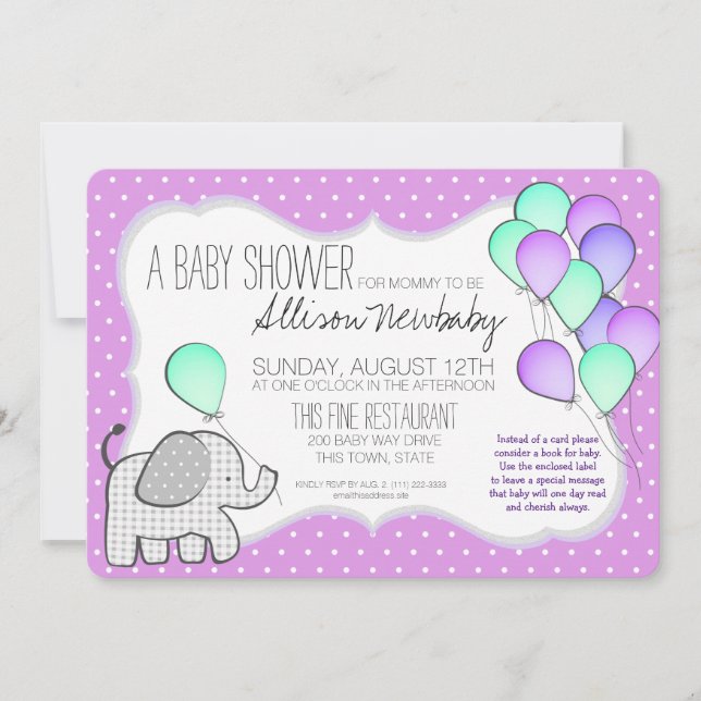 Invitación Elefante bebé y Baby Shower magenta de globos (Anverso)