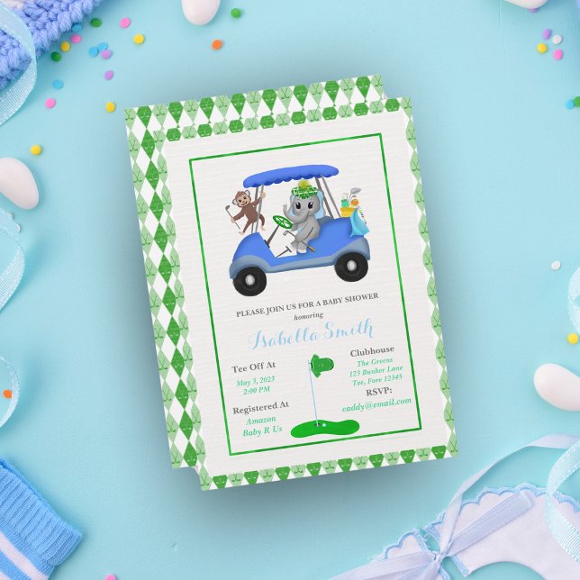 Invitación Elefante bebé y ducha de monos (Swing a hole in one with this adorable golf themed baby shower invitation!)