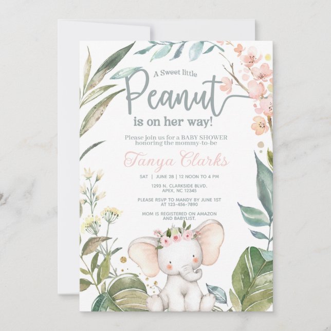 Invitación Elefante bebé y flores rosadas shower de niña. (Anverso)