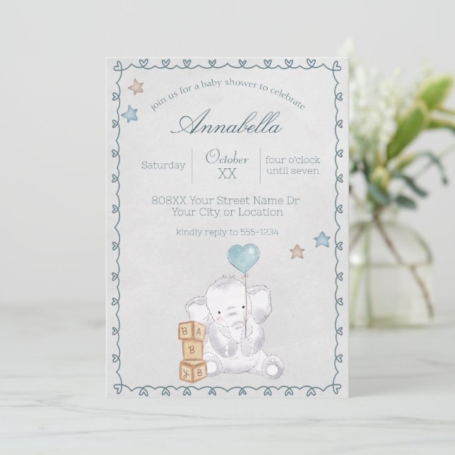 Invitación Elefante bebé y globo de acuarela (Anverso de pie)