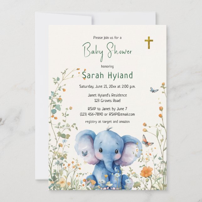 Invitación Elefante bebé y mariposas Baby Shower ortodoxo (Anverso)