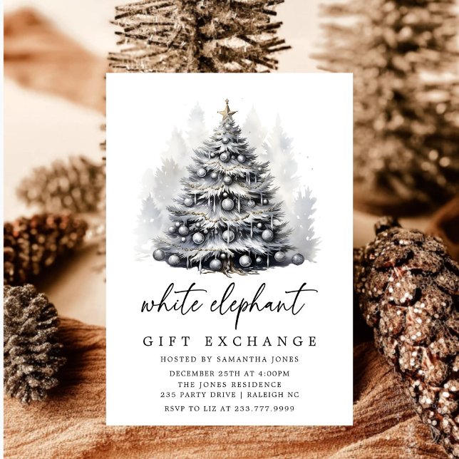 Invitación Elefante blanco del árbol de Navidad blanco negro  (Subido por el creador)