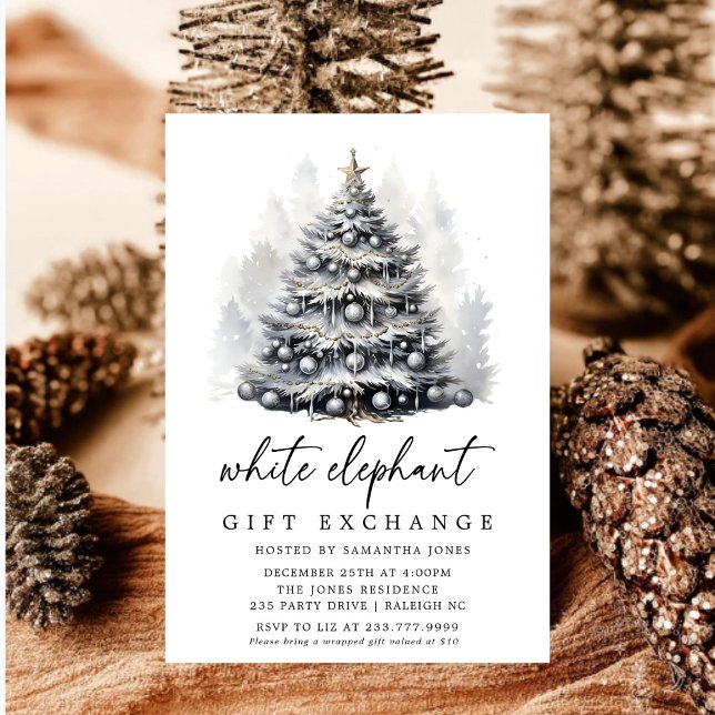 Invitación Elefante blanco del árbol de Navidad blanco negro  (Subido por el creador)