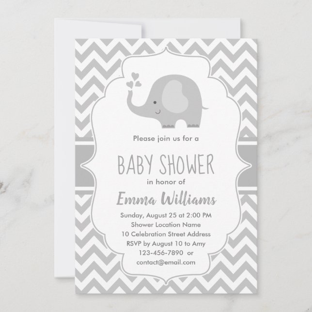 Invitación Elefante blanco gris puro | Baby Shower neutral (Anverso)