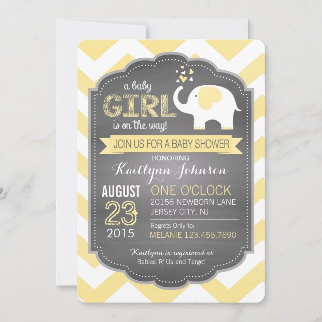 Invitación Elefante blanco y Baby Shower Chevron (Anverso)