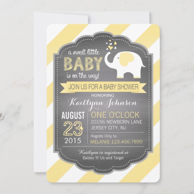 Invitación Elefante blanco y Baby Shower de banda (Anverso)